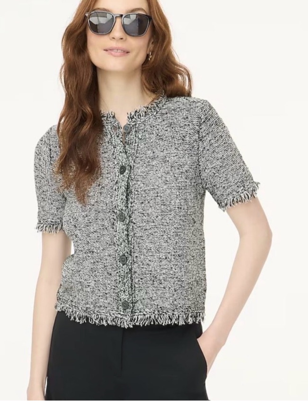 J. Crew Factory Black & White Short-sleeve fringe lady cardigan sweater
